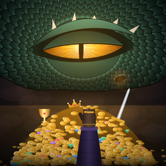 A green dragon watches a gloved hand reaching for its pile of gold.